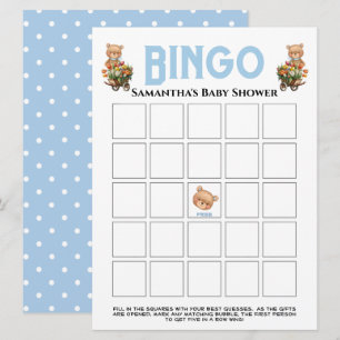 Invitación de Bingo Teddy Floral Azul para Shower 