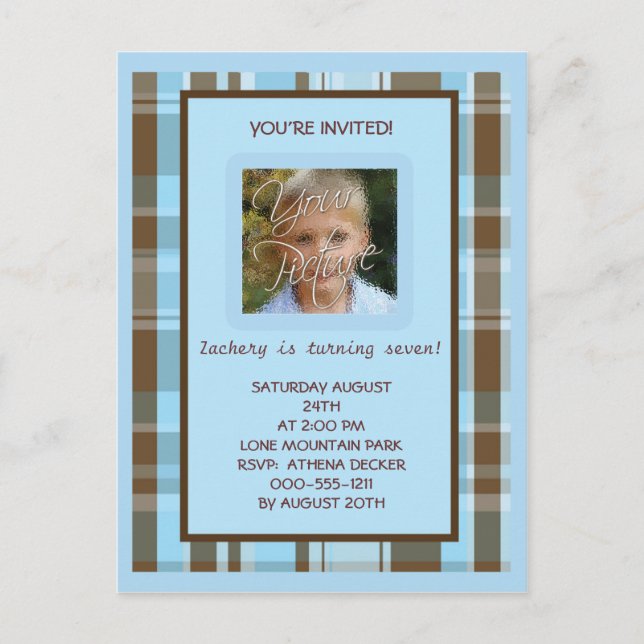 Invitación de BIrthday de color azul y marrón (Anverso)