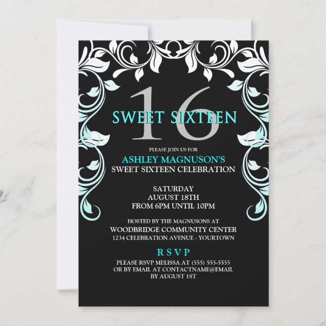 Invitación de Black/Aqua Vines Sweet 16 (Anverso)
