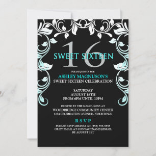 Invitación de Black/Aqua Vines Sweet 16