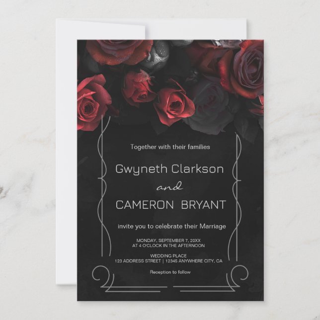 Invitación de Black Red Florals Oscuro Moody (Anverso)