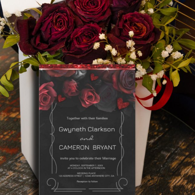 Invitación de Black Red Florals Oscuro Moody (#zazzlemade #darkred #christmas #happynewyear #redflowersinvitation)
