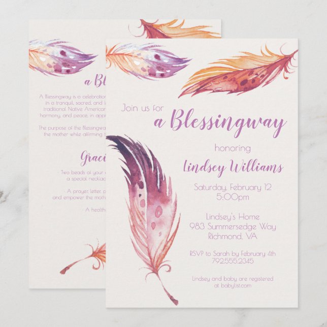 Invitación de Blessingway Baby Shower de la pluma (Anverso / Reverso)
