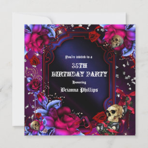 Invitación de Bling Calaveras Rosas Rojas Purpura 