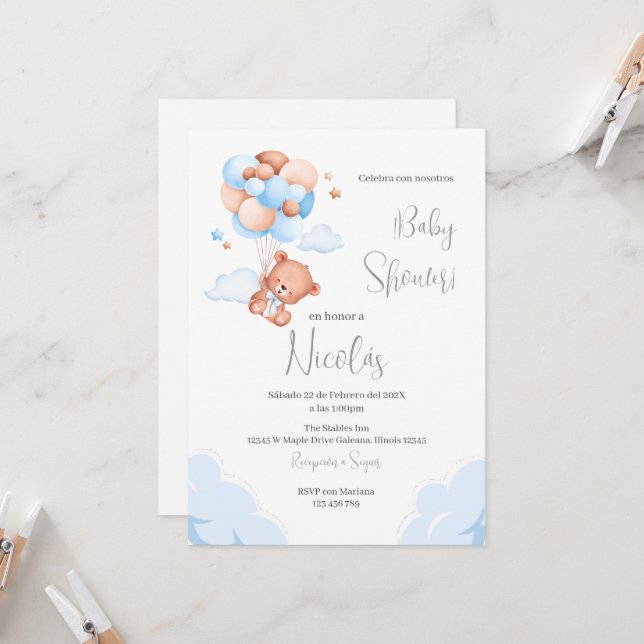 Invitación de Blue Bear Spanish Baby Shower Boy (Anverso/Reverso In Situ)