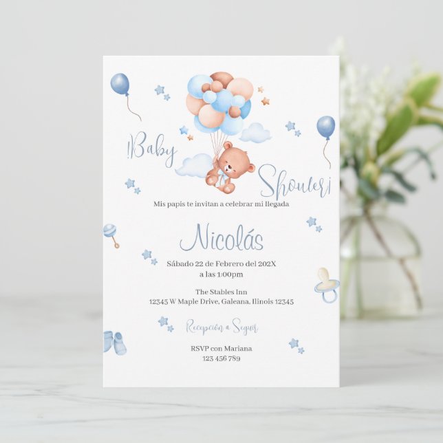 Invitación de Blue Bear Spanish Baby Shower Boy (Anverso de pie)