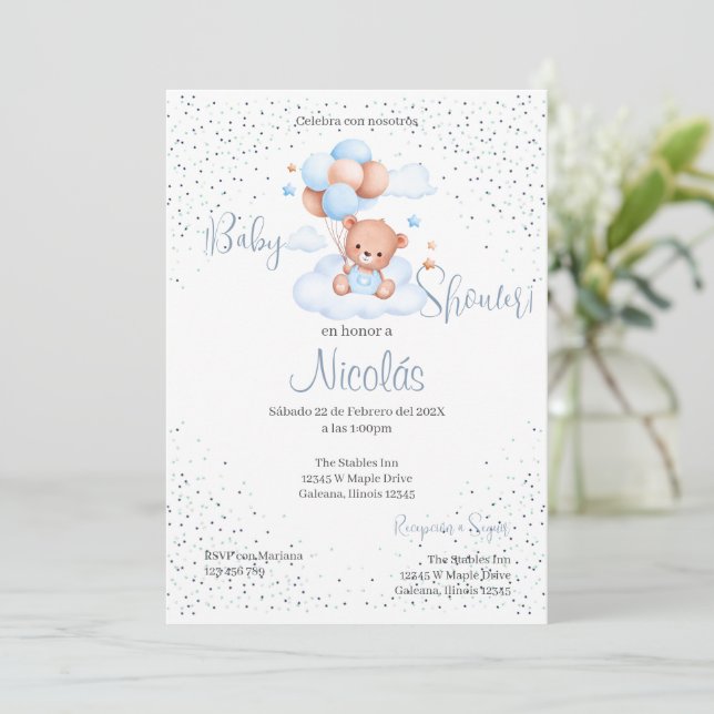 Invitación de Blue Bear Spanish Baby Shower Boy (Anverso de pie)
