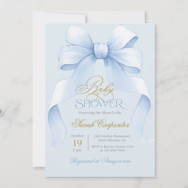 Invitación de Blue Bow Baby Shower Boy (Anverso)