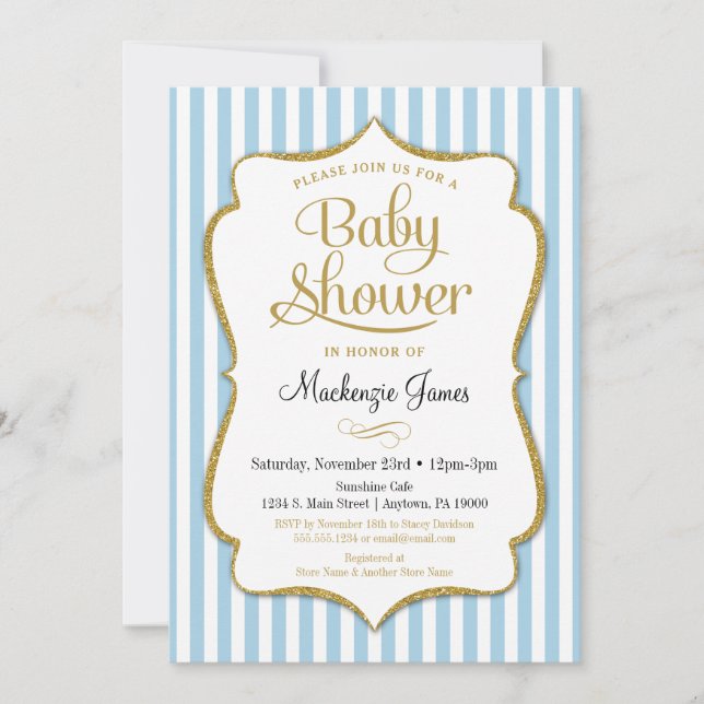 Invitación de Blue Boy Baby Shower con franjas ele (Anverso)