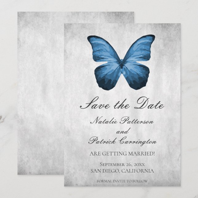 Invitación de Blue Butterfly para guardar la fecha (Anverso / Reverso)