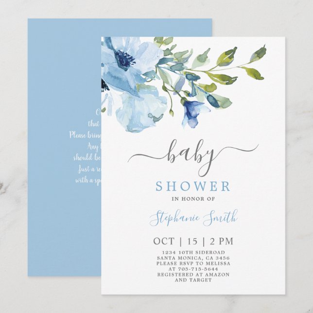 Invitación de Blue Floral Baby Shower Boy (Anverso / Reverso)
