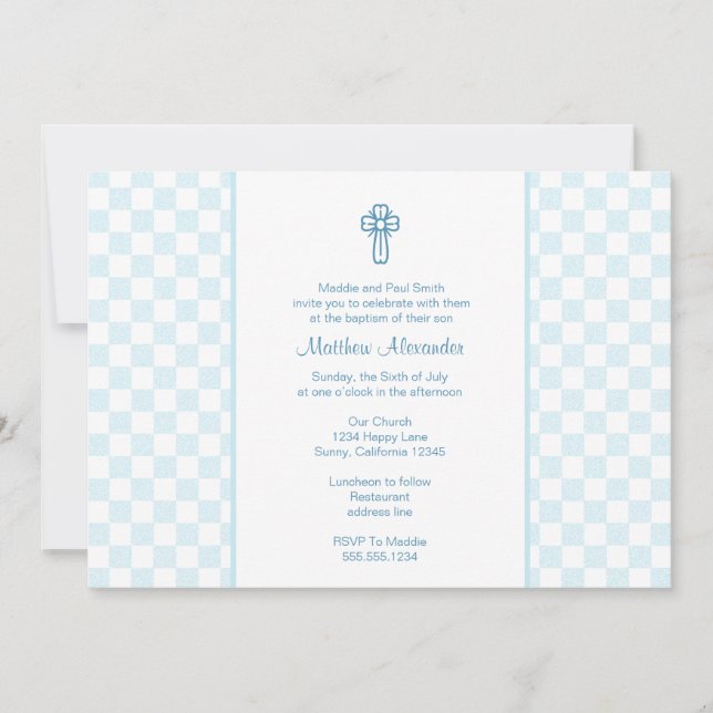 Invitación de Blue Gingham con Cross (Anverso)
