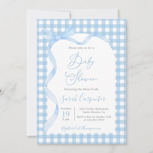 Invitación de Blue Gingham y Bow Baby Shower Boy (Anverso)