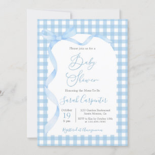 Invitación de Blue Gingham y Bow Baby Shower Boy