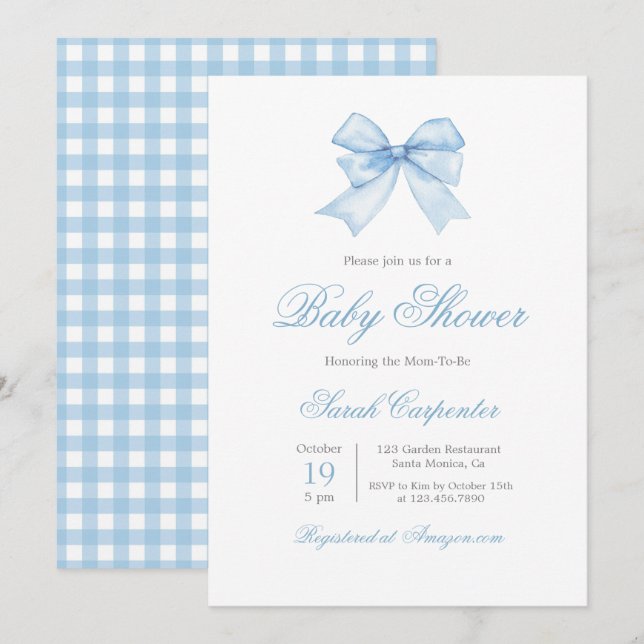 Invitación de Blue Gingham y Bow Baby Shower Boy (Anverso / Reverso)