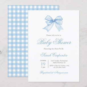 Invitación de Blue Gingham y Bow Baby Shower Boy