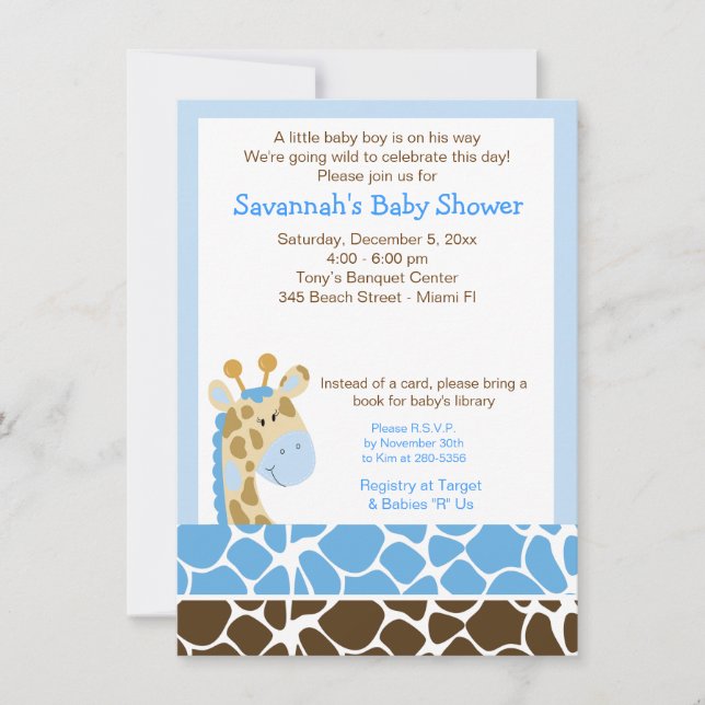 Invitación de Blue Giraffe Boy Baby Shower (Anverso)