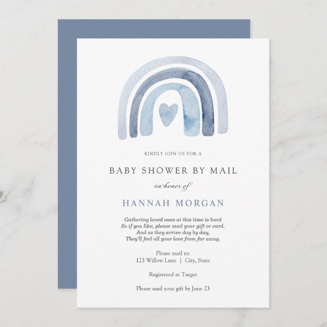 Invitación de Blue Rainbow Baby Shower por correo (Anverso / Reverso)