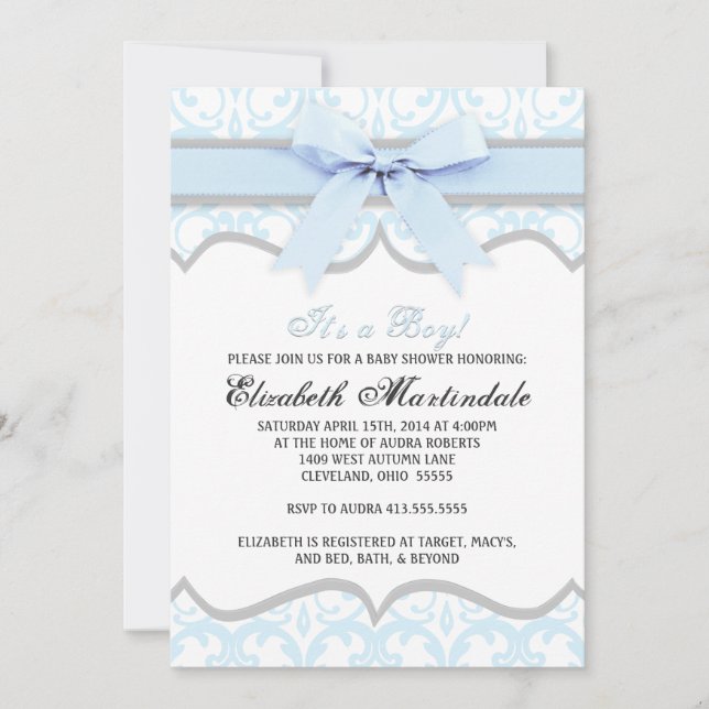 Invitación de Blue Ribbon Baby Shower del corazón (Anverso)