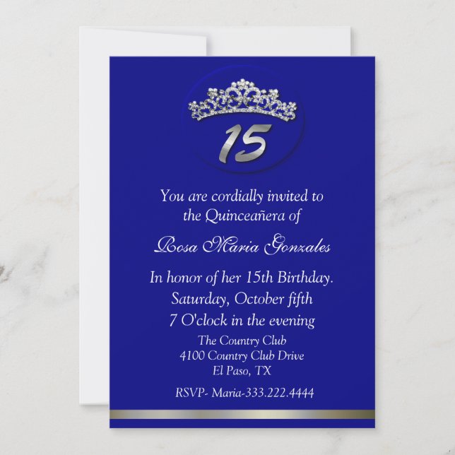 Invitación de Blue Tiara Quinceañera (Anverso)