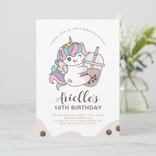 Invitación de Boba Bubble Milk Tea de Unicornio Mi (Anverso de pie)
