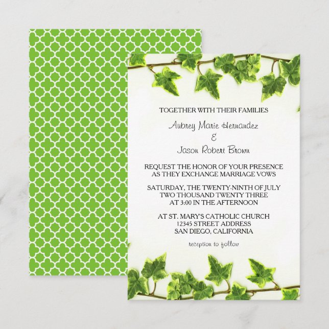 Invitación de boda 3x5 - Hiedra Verde (Anverso / Reverso)