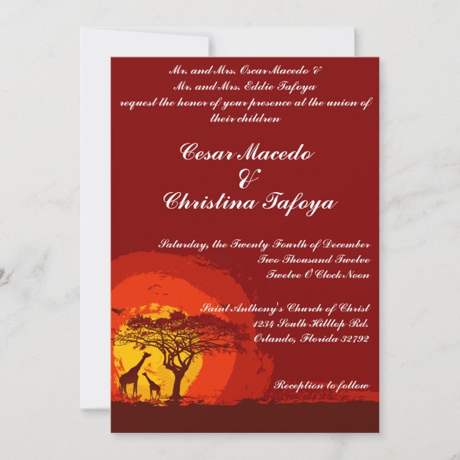 Invitación de Boda 5 x 7 Atardecer Rojo en África (Anverso)