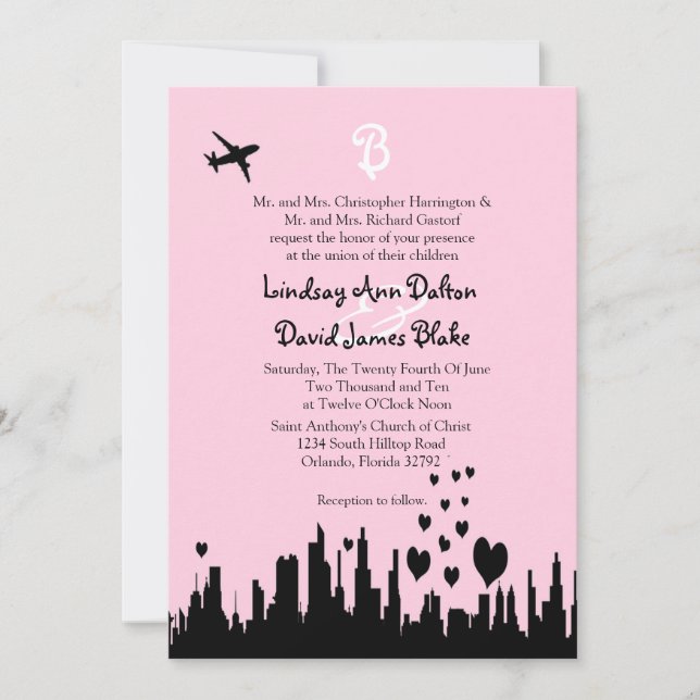 Invitación de boda 5x7 Línea de ciudad rosada (Anverso)