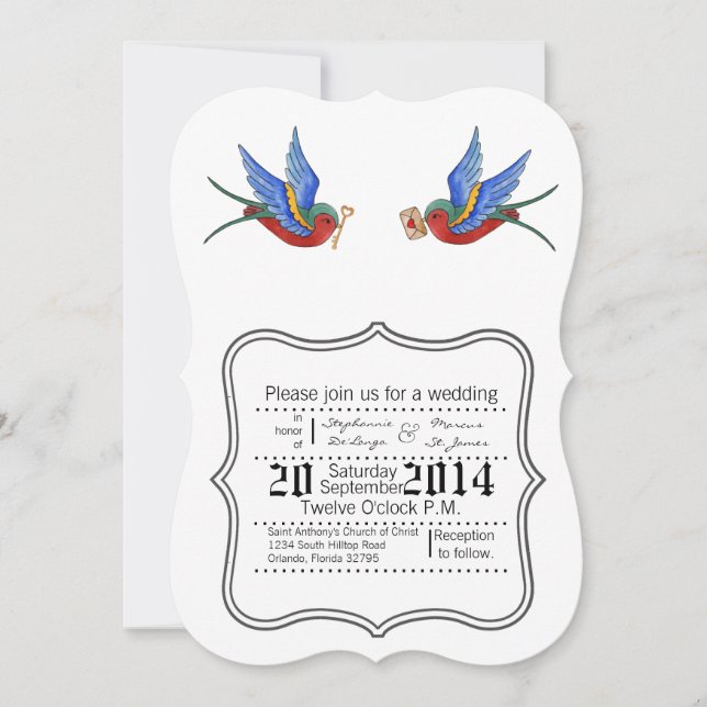 Invitación de boda 5x7 Tatuaje tradicional de pája (Anverso)