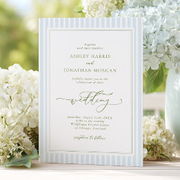 Invitación de boda a rayas azul y salvia elegante