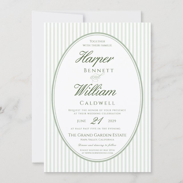 Invitación de boda a rayas con marco ovalado verde (Anverso)