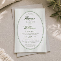 Invitación de boda a rayas con marco ovalado verde
