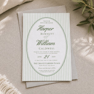 Invitación de boda a rayas con marco ovalado verde