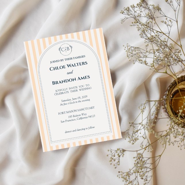 Invitación de boda a rayas de melocotón y crema (Subido por el creador)