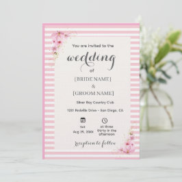 Invitación de boda a rayas florales rosadas