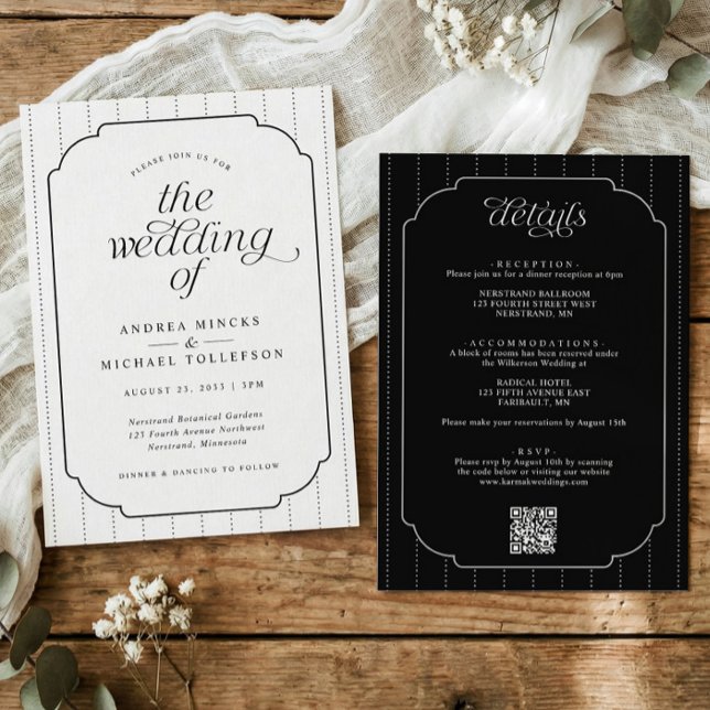 Invitación de Boda a Rayas Negras y Blancas Preppy (Elegant stripes wedding invitation with scalloped frame, calligraphy, and wedding website QR code.)