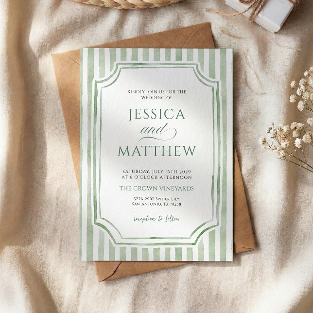 Invitación de boda a rayas verde salvia (Subido por el creador)