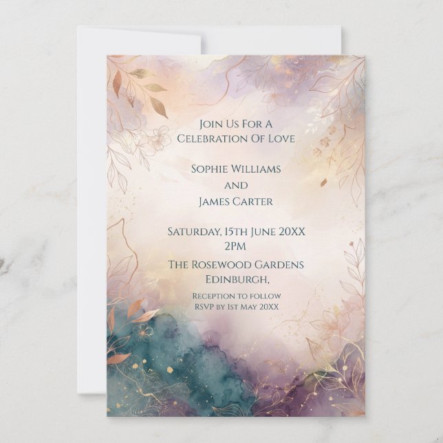 Invitación de boda abstracta con rubor teal (Anverso)