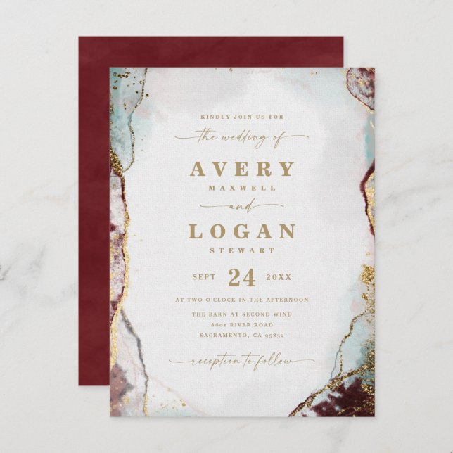 Invitación de boda abstracta etérea en vino y dora (Anverso / Reverso)