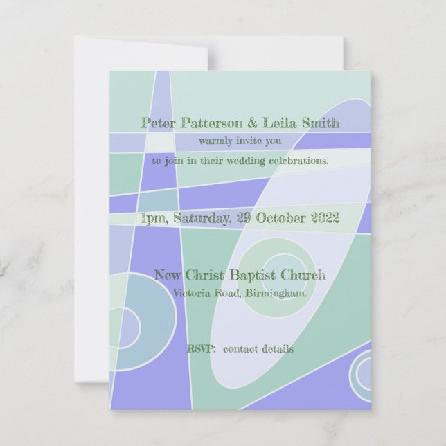 Invitación de boda abstracta pastel púrpura verde  (Anverso)
