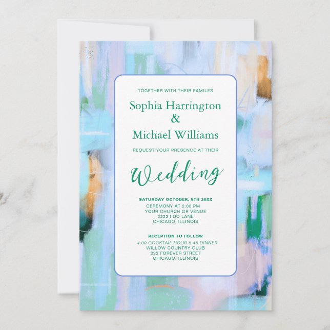 Invitación de boda abstracta rosa azul con código  (Anverso)