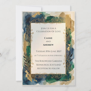 Invitación de Boda Abstracta Verde Esmeralda y Dor