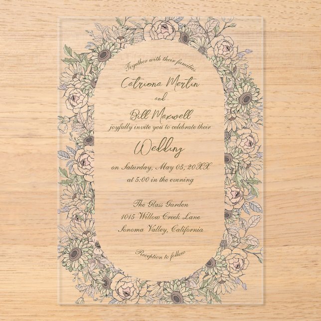 Invitación de boda acrílica botánica rústica (Anverso)