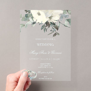 Invitación de boda acrílica con anillo de oro y fl