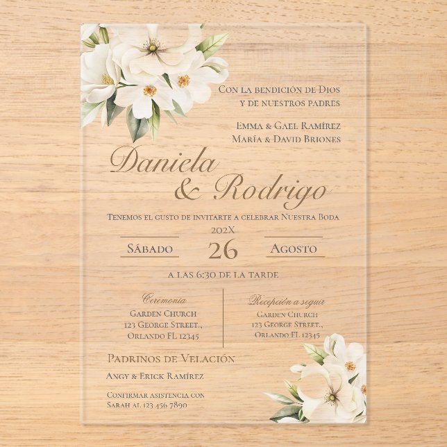 Invitación de boda acrílica española boho (Anverso)