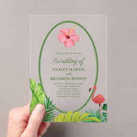 Invitación de boda acrílica Flamingo Tropics Retro