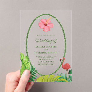 Invitación de boda acrílica Flamingo Tropics Retro