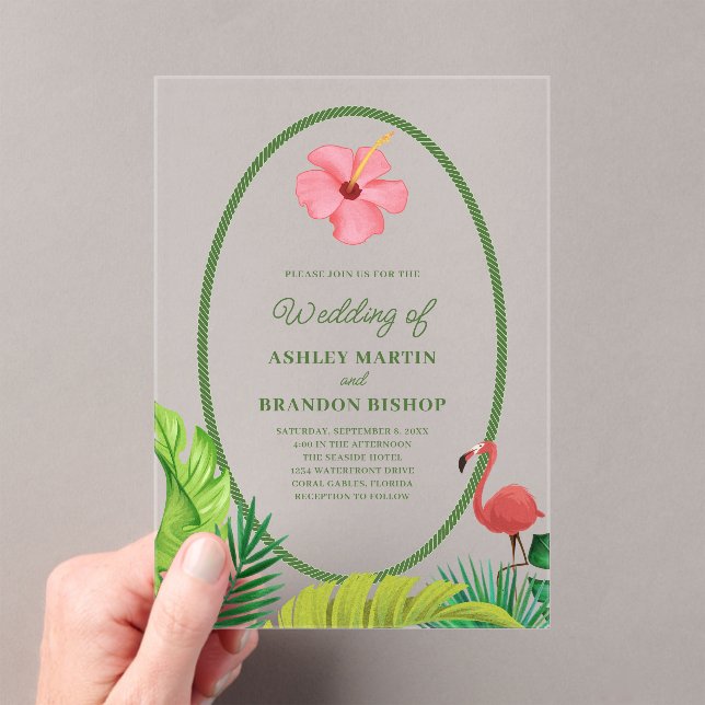 Invitación de boda acrílica Flamingo Tropics Retro (Insitu (portátil))