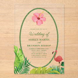Invitación de boda acrílica Flamingo Tropics Retro