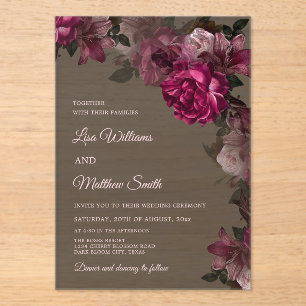 Invitación de boda acrílica floral oscura transpar